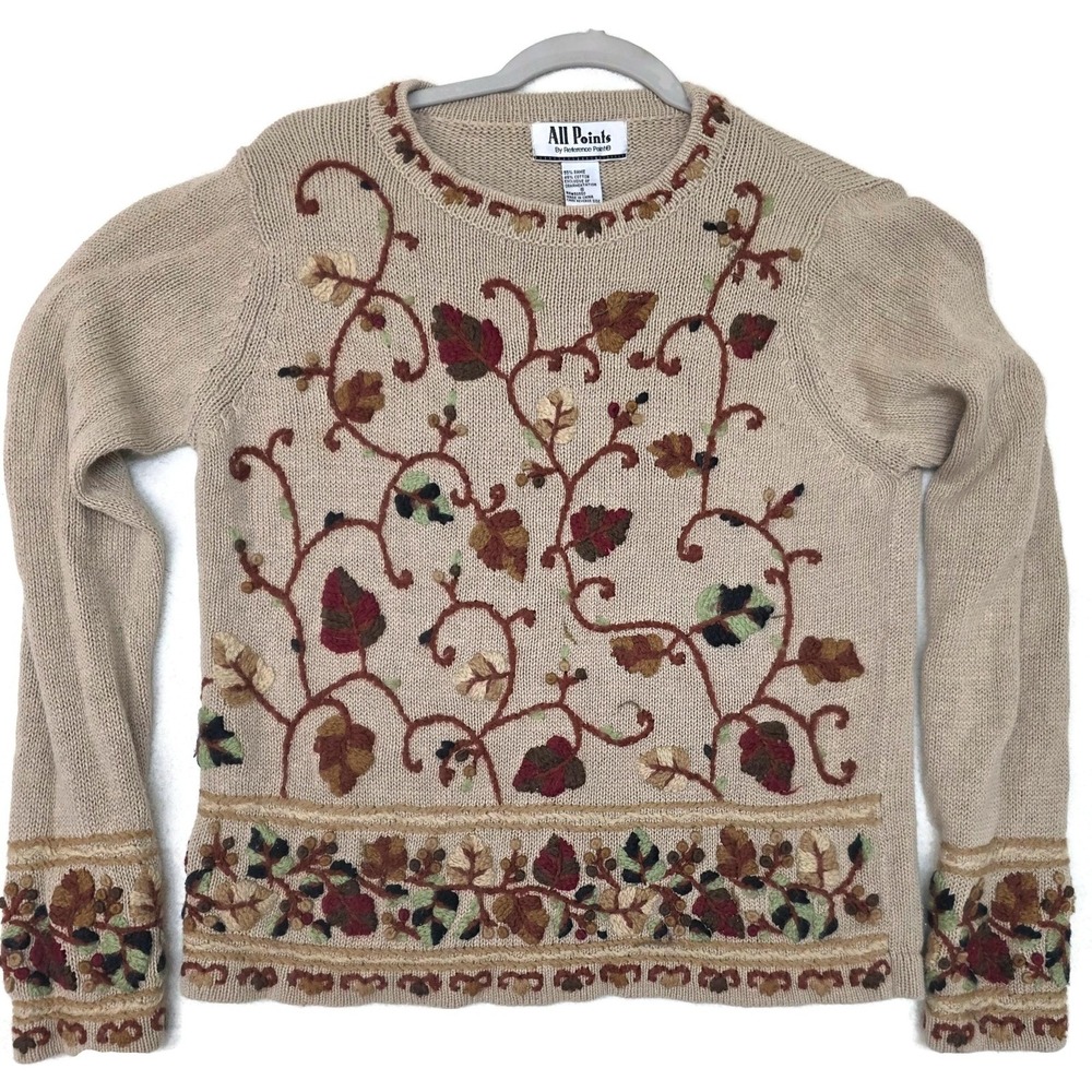All Points Sweater Womens Small Beige Floral Embroidered Fall Leaves‎ Ramie